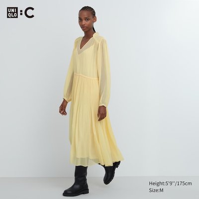 Сукня Uniqlo:C жовта Chiffon Pleated Long-Sleeve Dress 650411 фото