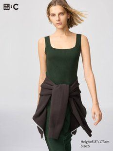 Майка Uniqlo темно-зелена  3D Knit Seamless Ribbed Square Neck Jumper (Sleeveless) 8329 фото