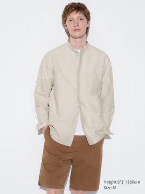 Сорочка Uniqlo бежева лляна Stand Collar Shirt 6857 фото