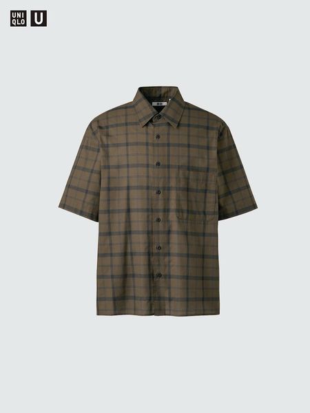 Рубашка Uniqlo U коричневая Boxy Shirt (Short Sleeve, Check) 8527 фото