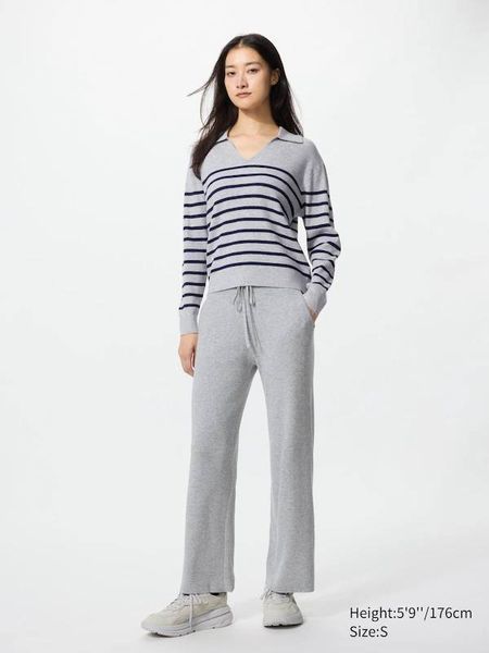 Джемпер-поло Uniqlo серый в полоску Washable Ribbed Knit Polo Sweater 8573 фото