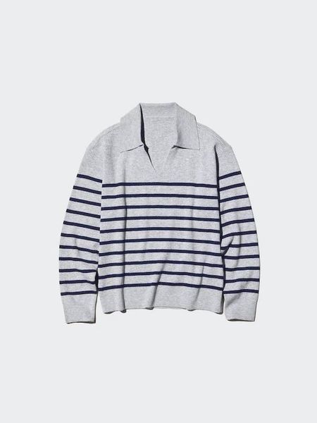Джемпер-поло Uniqlo серый в полоску Washable Ribbed Knit Polo Sweater 8573 фото