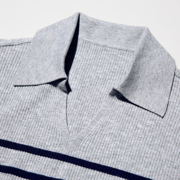 Джемпер-поло Uniqlo серый в полоску Washable Ribbed Knit Polo Sweater 8573 фото
