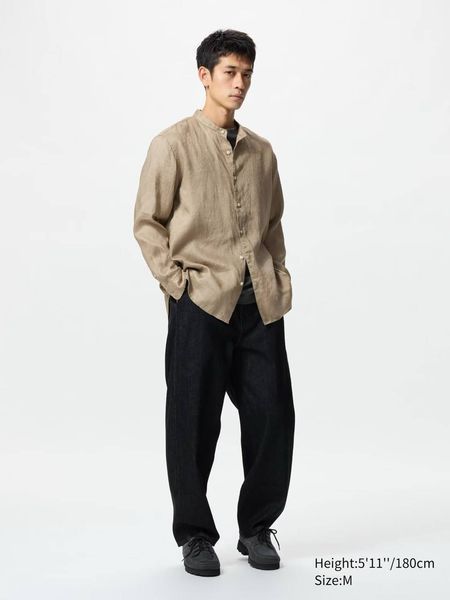 Рубашка Uniqlo белая льняная Stand Collar Shirt 7646 фото