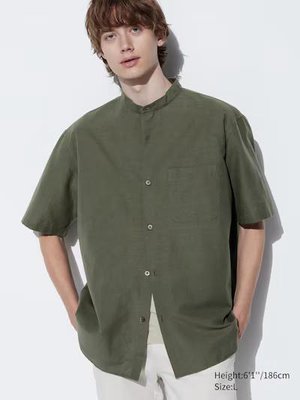 Сорочка Uniqlo оливкова лляна Open Collar Shirt | Short Sleeve 6981 фото