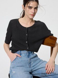Кофта-кардиган Uniqlo чорна Sheer Lace Crew Neck Cardigan (Short Sleeve) 8520 фото