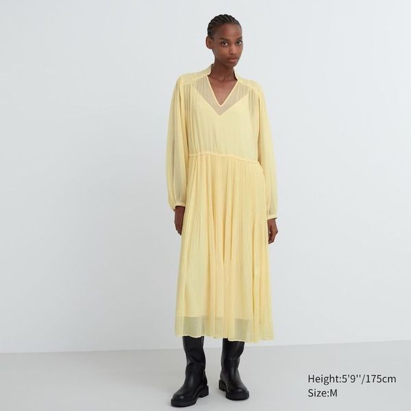 Платье Uniqlo:С желтое Chiffon Pleated Long-Sleeve Dress 6504111 фото