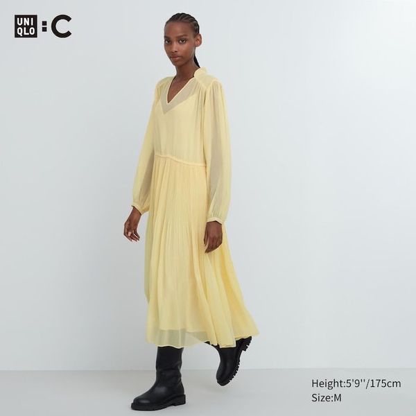 Сукня Uniqlo:C жовта Chiffon Pleated Long-Sleeve Dress 6504111 фото