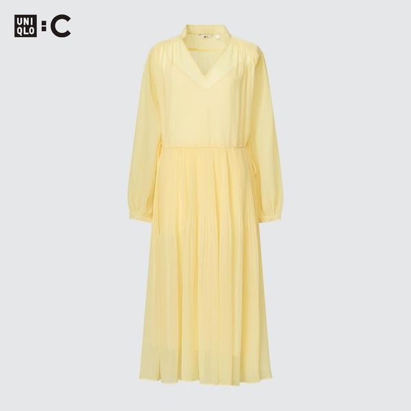 Сукня Uniqlo:C жовта Chiffon Pleated Long-Sleeve Dress 6504111 фото