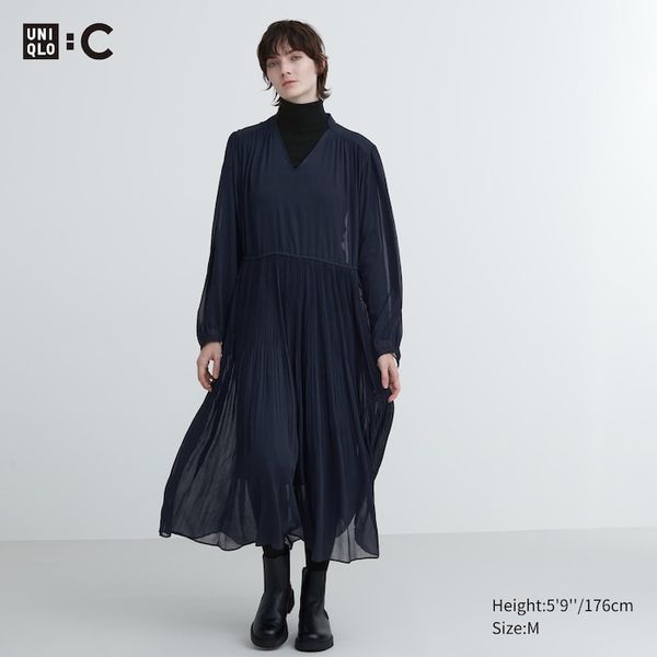 Платье Uniqlo:C темно-синее Chiffon Pleated Long-Sleeve Dress 65031 фото