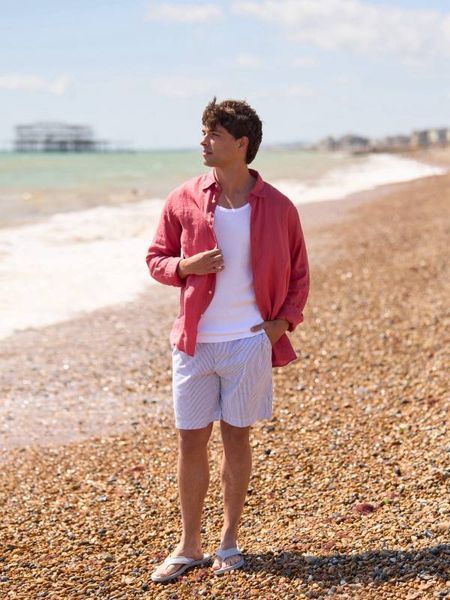 Сорочка Uniqlo лляна червона Premium Linen Shirt Long Sleeve 8132 фото