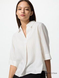 Блуза Uniqlo светлая Rayon Skipper Collar 3/4 Sleeve Blouse | Striped 84281 фото