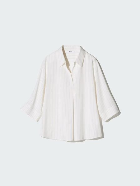 Блуза Uniqlo свiтла Rayon Skipper Collar 3/4 Sleeve Blouse | Striped 84281 фото