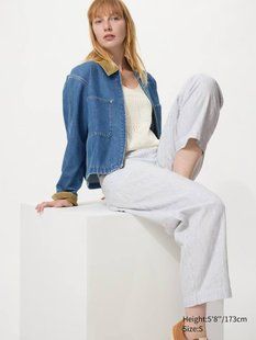 Брюки Uniqlo сірі в смужку Linen Cotton Tapered Pants | Striped 8127 фото