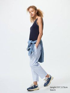 Брюки Uniqlo блакитні в смужку Cotton Relaxed Ankle Pants | Striped 7806 фото