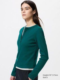 Лонгслів Uniqlo бiрюзовий Ribbed Henley Neck T-Shirt 8342 фото