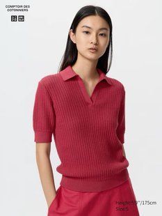 Футболка-поло Uniqlo красная Cotton Pointelle Skipper Polo Sweater 8362 фото