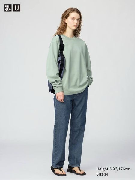 Лонгслив Uniqlo U зеленый  AIRism Cotton T-Shirt | Long Sleeve 8296 фото