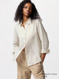 Лляна сорочка Uniqlo бежева в смужку 100% Premium Linen Shirt 7662 фото