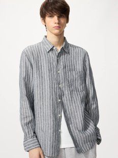 Сорочка Uniqlo лляна сіра Premium Linen Long Sleeve Shirt (Stripe) 8361 фото