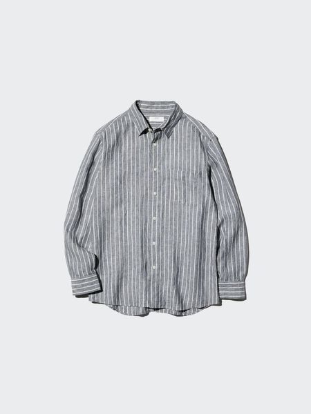 Сорочка Uniqlo лляна сіра Premium Linen Long Sleeve Shirt (Stripe) 8361 фото