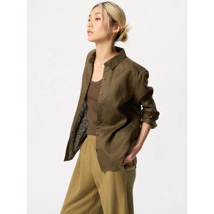 Льняная рубашка Uniqlo оливковая 100% Premium Linen Shirt 7726 фото