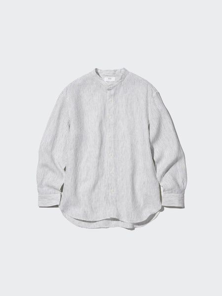 Сорочка Uniqlo світла  лляна Premium Linen Stand Collar Striped Long-Sleeve Shirt 81331 фото