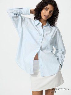 Сорочка Uniqlo блакитна в смужку Cotton Oversized Shirt | Striped 8176 фото