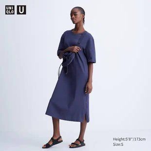 Платье Uniqlo U темно-синее CREPE COTTON LOOSE SNAPPED SHORT SLEEVED T-SHIRT DRESS 6708 фото