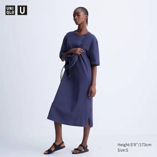 Платье Uniqlo U темно-синее CREPE COTTON LOOSE SNAPPED SHORT SLEEVED T-SHIRT DRESS 6708 фото