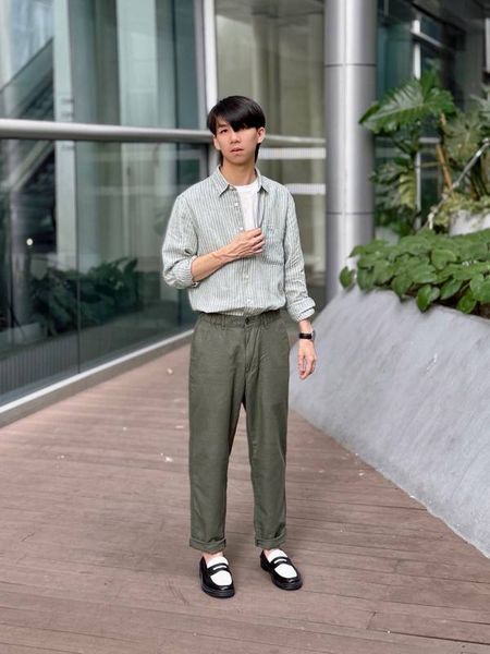 Рубашка Uniqlo льняная зеленая Premium Linen Striped Shirt Long Sleeve 7648 фото
