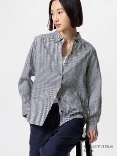 Лляна сорочка Uniqlo 100% Premium Linen Shirt (Gingham) картата темно-синя  7565 фото