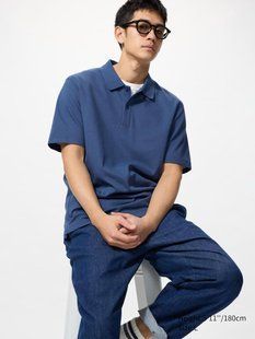 Футболка-поло Uniqlo синяя AIRism Cotton Piqu&eacute; Polo Shirt  7923 фото