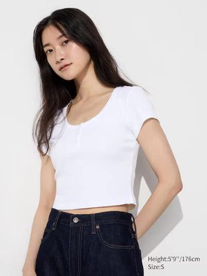 Футболка Uniqlo бiла вкорочена Pointelle Henley T-Shirt 60711 фото