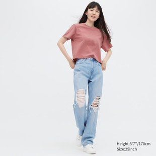 Джинсы Uniqlo голубые Distressed Straight High-Rise Jeans 60181 фото