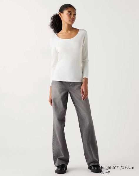 Лонгслив Uniqlo бежевый из серии HEATTECH Cotton Scoop Neck L/S T-shirt (Extra Warm) 7545 фото